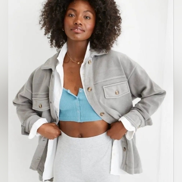 Aerie Trucker Gray French Terry Jacket Shacket - Picture 1 of 8